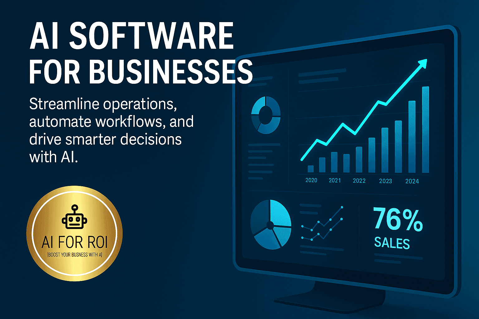 Illustration of a gold-themed AI dashboard interface with a robot icon, growth analytics, and digital charts, representing AI-powered business software solutions.