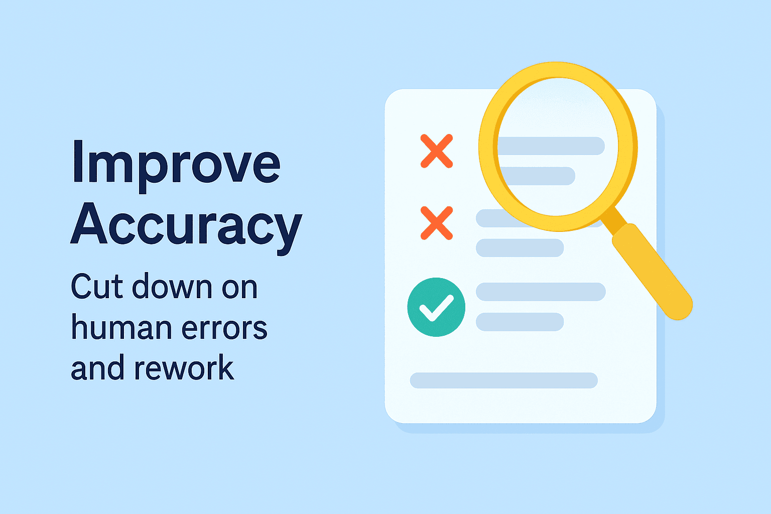 Illustration highlighting improvement in accuracy by reducing errors, with a checklist and magnifying glass.