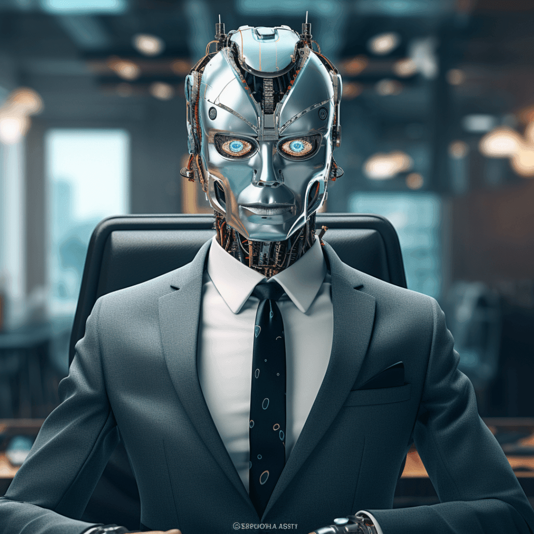 Robot dressed in a formal suit and tie, seated in an office setting with blurred background.