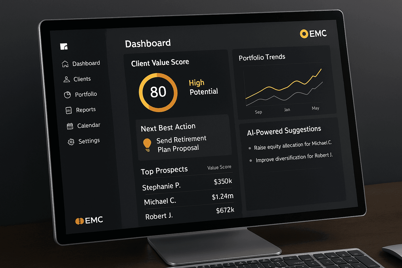 High-quality image of a desktop dashboard with CRM sidebar and portfolio trend charts, designed for financial advisors. Includes AI-driven client scoring and integration icons for eMoney, Orion, and Redtail.