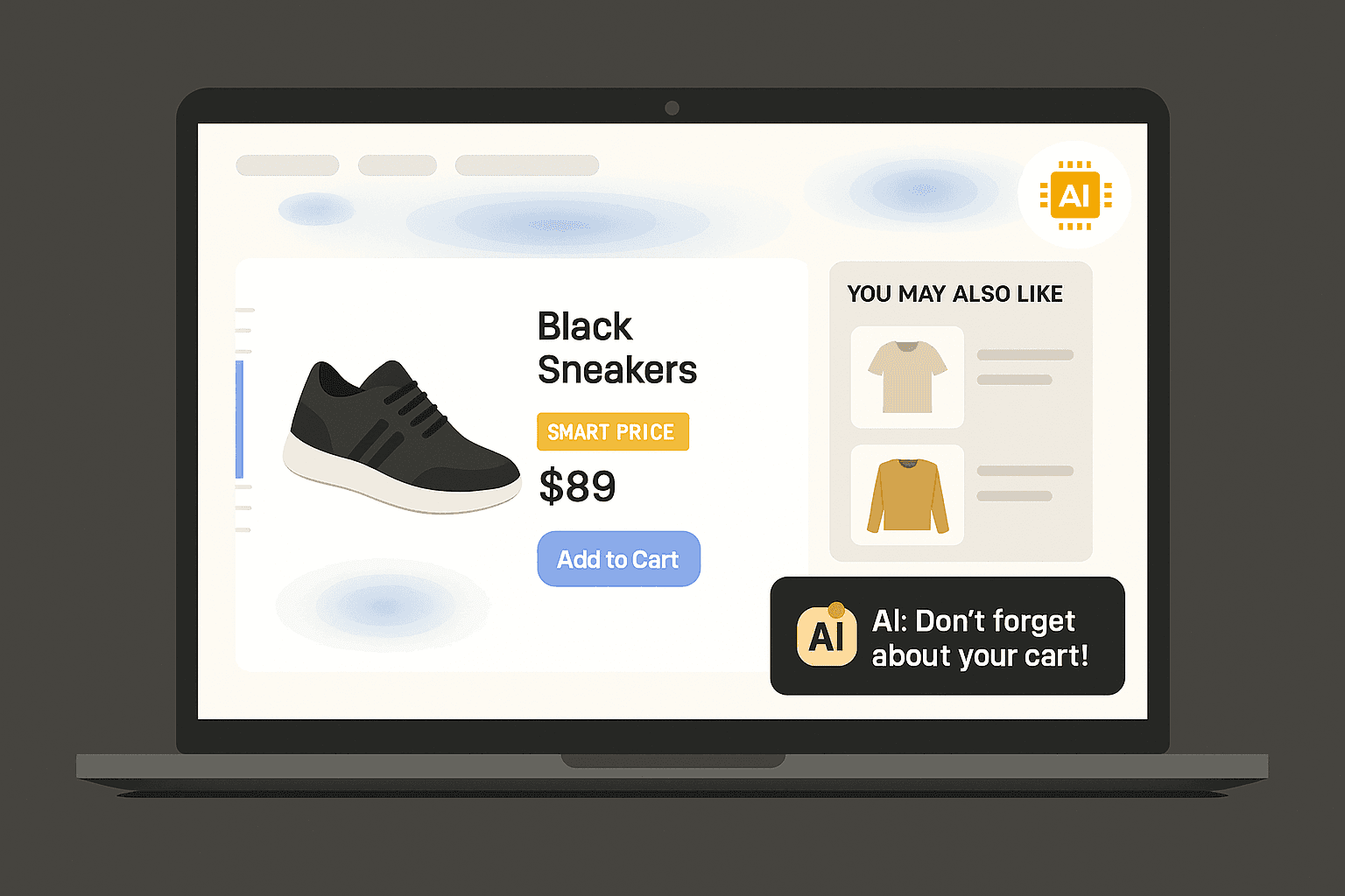 Professional eCommerce product page interface with AI-driven overlays showing personalized product suggestions, dynamic pricing badge, cart recovery popup, and background heatmap. Designed to illustrate automated shopping experiences.