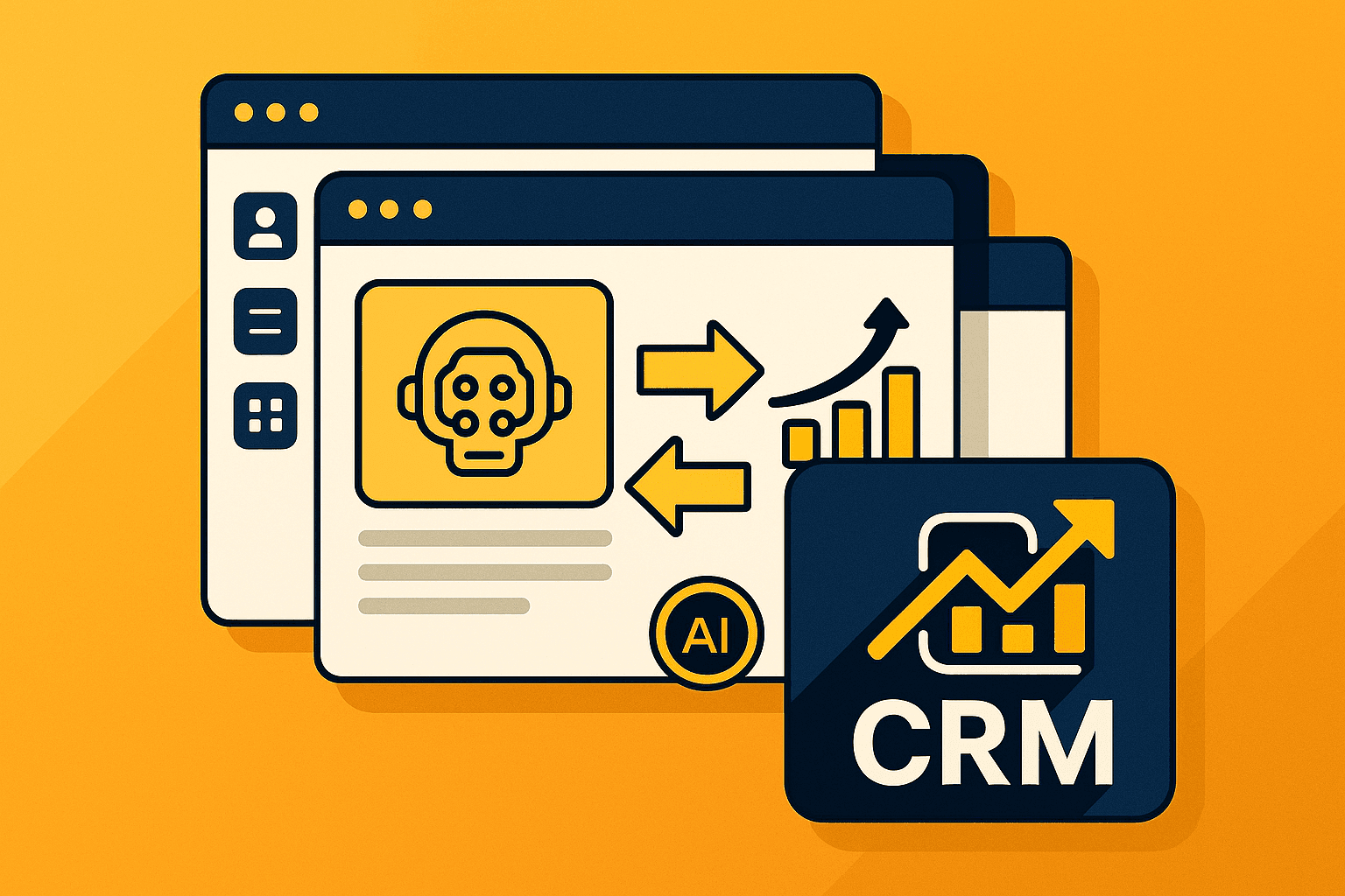 Vector graphic of a CRM dashboard with bi-directional arrows and AI overlay icons, representing seamless integration between CRM systems and AI tools.
