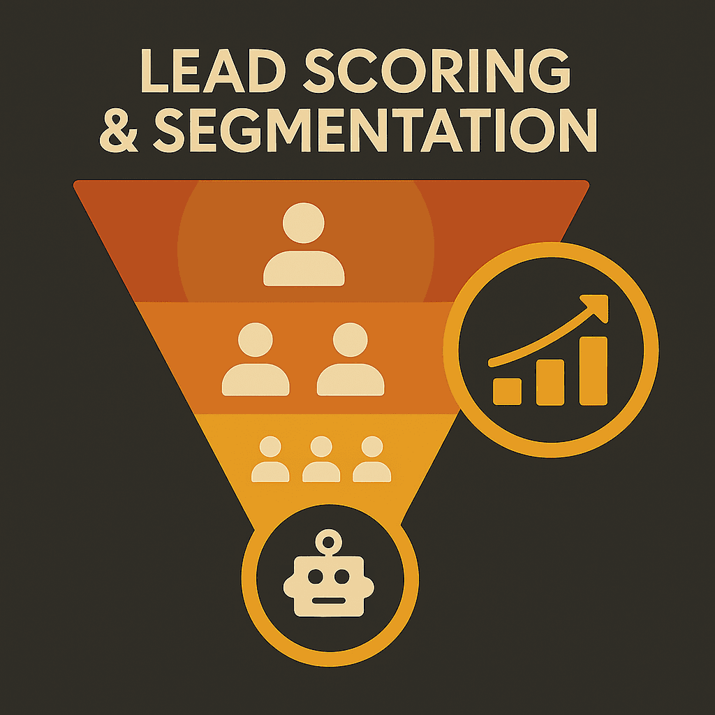 Vector graphic of a marketing funnel with user icons at different levels and a radar symbol, illustrating AI lead scoring and audience segmentation.