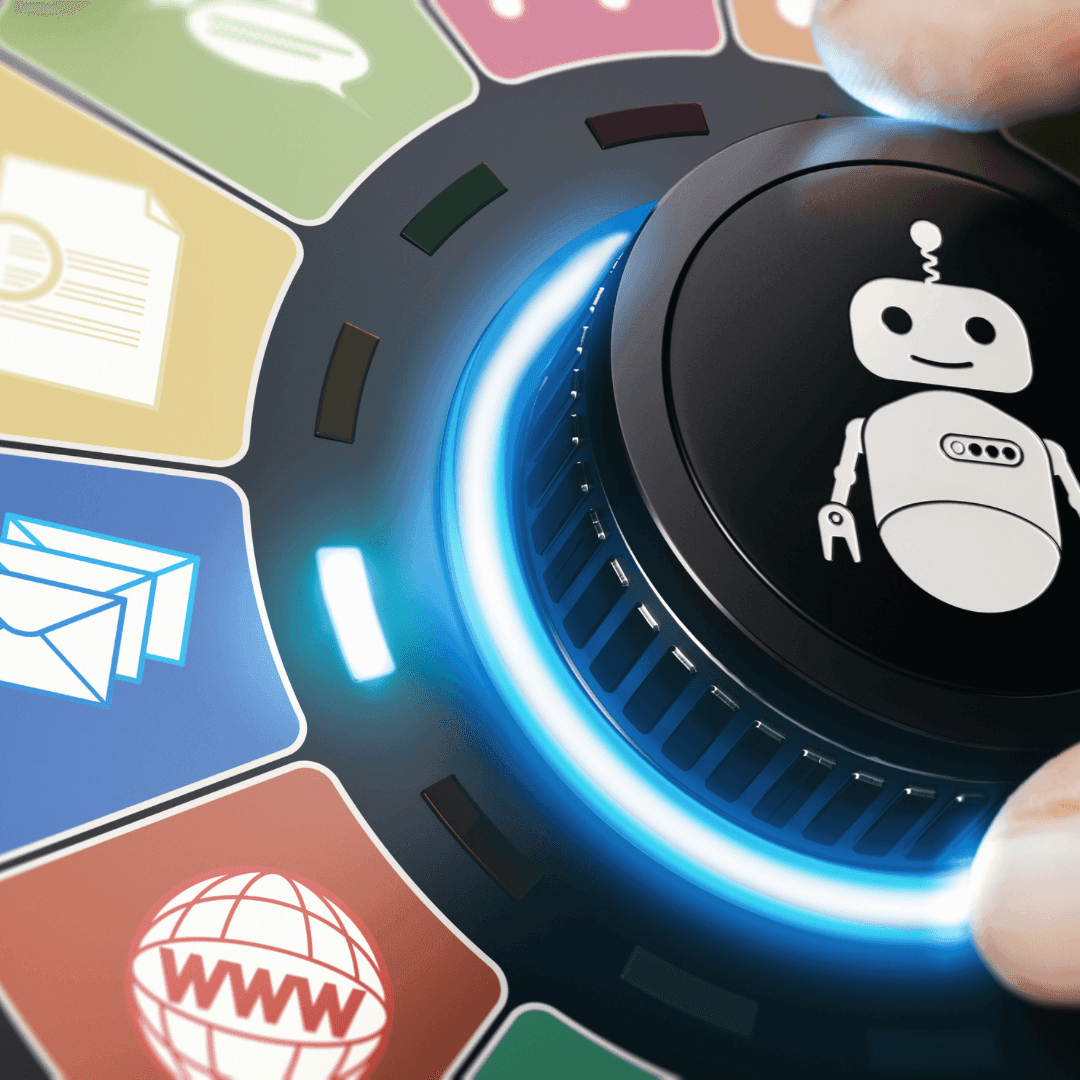 Hand turning a dial with a robot icon, surrounded by various app icons like email and documents.