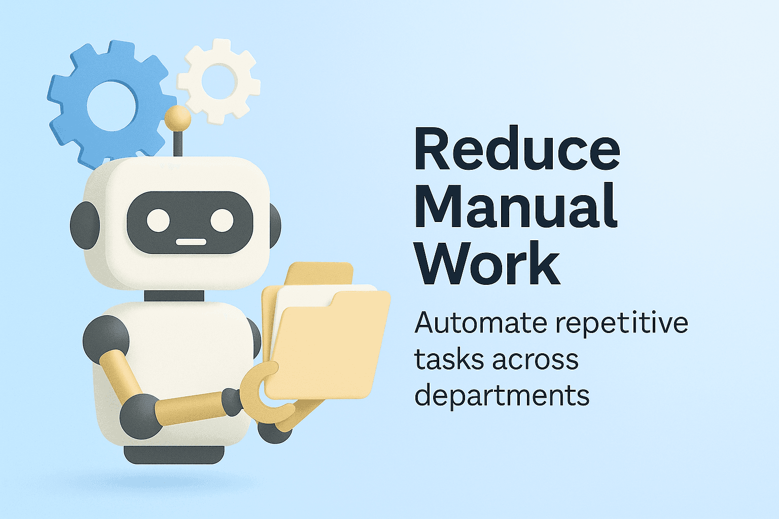 Robot holding folders with gears above, promoting task automation to reduce manual work.