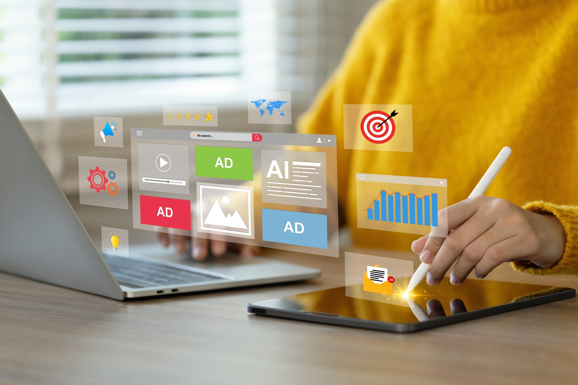 Square CRM dashboard graphic with an analytics chart and circular arrows indicating two-way data sync, representing AI-driven revenue insights and integration.